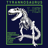 Fototapeta Dinusie - TYRANNOSAURUS REX SKELETON WITH ITS SPECIFICATIONS ON NAVY BLUE BACKGROUND