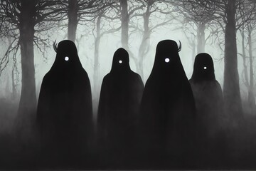 A black silhouette of a sinister trio of shamans in the middle of a foggy swampy forest, their eyes mysteriously glow in the dark, they are dressed in ethnic clothes with masks and horns. 2d art