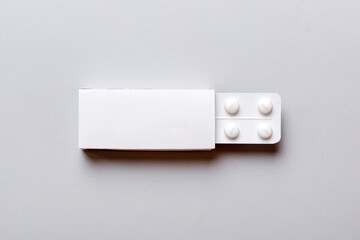 Blank White Product Package Box Mock-up. Open blank medicine drug box with blister top view