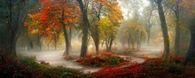 Magical Autumn Woods With Thick Fog, Fall Colours In The Park, Beautiful Autumn Landscape.