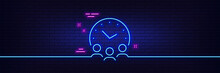 Neon Light Glow Effect. Meeting Time Line Icon. Business Teamwork Sign. Working Hours Symbol. 3d Line Neon Glow Icon. Brick Wall Banner. Meeting Time Outline. Vector