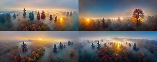 Wall Mural - early morning sunrise foggy forrest, treetips standing out of fog autumn fall foggy fall sunrise drone shot