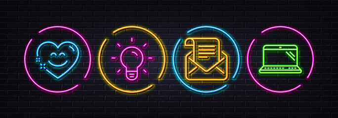 Poster - Smile chat, Mail newsletter and Light bulb minimal line icons. Neon laser 3d lights. Laptop icons. For web, application, printing. Heart face, Open e-mail, Lamp energy. Computer. Vector