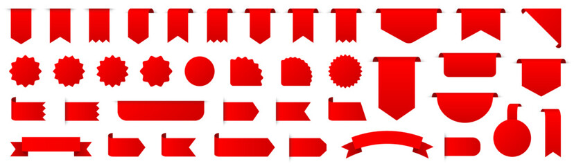 tags red set. sale and new label set. red scrolls and banners isolated collection. discount red ribb