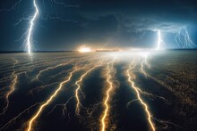 Lightning And Thunderstorm Supercell Flash Natural Disaster Fantasy Apocalyptic Wallpaper. Massive Tornado Cataclysms, Hurricane Cyclone On Land Surface With Huge Clouds And Striking Electricity Bolts