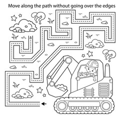 Wall Mural - Handwriting practice sheet. Simple educational game or maze. Coloring Page Outline Of cartoon crawler excavator. Construction vehicles. Profession. Coloring book for kids.