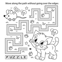 Sticker - Handwriting practice sheet. Simple educational game or maze. Coloring Page Outline Of cartoon little cat with toy clockwork mouse. Coloring book for kids.