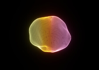 Poster - Abstract Deformed 3D Sphere. Bright Glowing Radial or Circular Digital Equalizer. 3D Illuminated Distorted Sphere of Glowing Particles and Lines. Visualization of Voice, Music Playback.