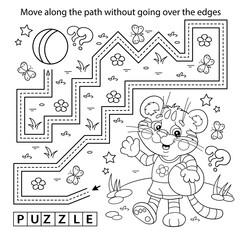 Sticker - Handwriting practice sheet. Simple educational game or maze. Coloring Page Outline Of cartoon little tiger cub with ball. Coloring book for kids.