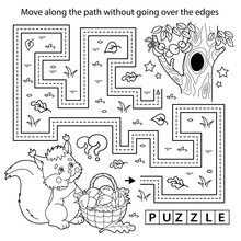 Handwriting Practice Sheet. Simple Educational Game Or Maze. Coloring Page Outline Of Cartoon Squirrel With Basket Of Mushrooms. Coloring Book For Kids.