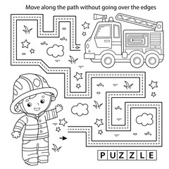 Wall Mural - Handwriting practice sheet. Simple educational game or maze. Coloring Page Outline Of cartoon fireman or firefighter with fire truck.  Coloring book for kids.