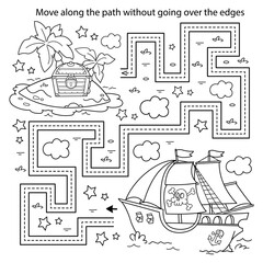 Wall Mural - Handwriting practice sheet. Simple educational game or maze. Coloring Page Outline Of cartoon pirate ship with treasure island. Coloring book for kids.