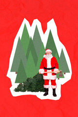 Sticker - Greeting postcard collage of santa claus woodcutter cut spruce with hatchet prepare tradition christmas on red background