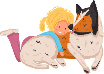 Girl hugging cute collie dog in cartoon style