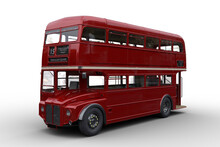 3D Rendering Of A Vintage Red Double Decker London Bus Isolated On Transparent Background.