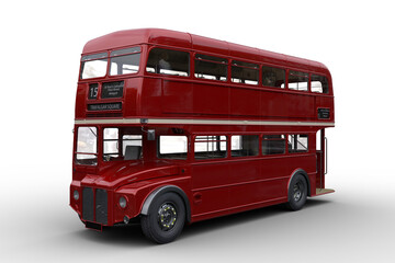 3D rendering of a vintage red double decker London bus isolated on transparent background.