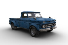 3D Rendering Of An Old Dusty Vintage Blue Pickup Truck Isolated On Transparent Background.