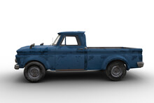 Side View 3D Rendering Of A Dirty Old Vintage Blue Pickup Truck Isolated On Transparent Background.