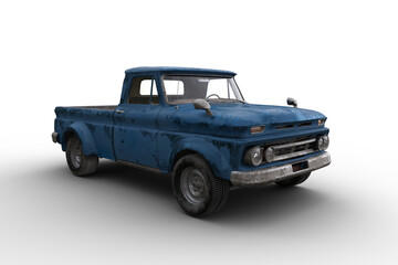 Poster - 3D rendering of an old dusty vintage blue pickup truck isolated on transparent background.
