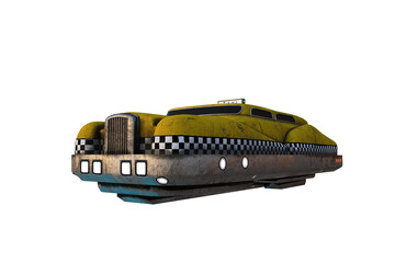 Poster - Low perspective 3D rendering of a futuristic flying yellow taxi cab isolated on transparent background.