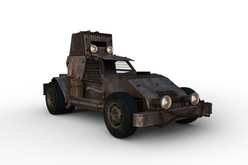 Poster - 3D rendering of a rusty post apocalyptic concept car isolated on transparent background.