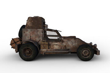 Poster - Side view 3D rendering of a rusty post apocalyptic concept car isolated on transparent background.