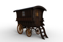 3D Rendering Of A Vintage Wooden Romany Gypsy Caravan Isolated On Transparent Background.