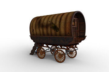Poster - Rear perspective view 3D rendering of an old brown Romany gypsy caravan isolated on transparent background.