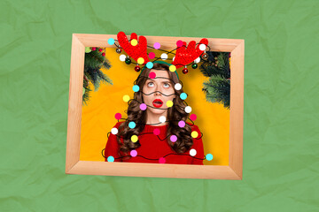 Sticker - Collage photo postcard funky girl wear red headband deer horns look shocked up cadre image merry christmas isolated on green color background