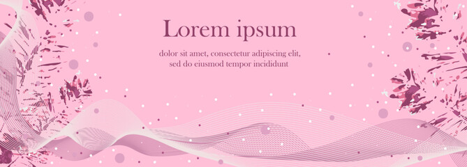Banner on a pink background with abstract waves, snow, drains and leaves. Postcard design, wallpaper, map, print, website with space for text. Cute and elegant trendy design