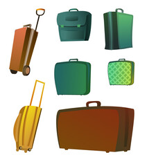 Set of suitcase in cartoon style. Bag for carrying luggage and traveling.Isolated on a white background. Vector.