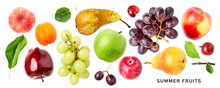 Different Summer Fruits Set. PNG With Transparent Background. Flat Lay. Without Shadow.