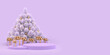Abstract Christmas background with empty podium and gifts near the fir tree. Template for advertising. 3d illustration.