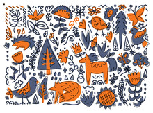 Vector Folk Art Style. Folkart Illustration With Butterflies, Animals, And Floral Elements.