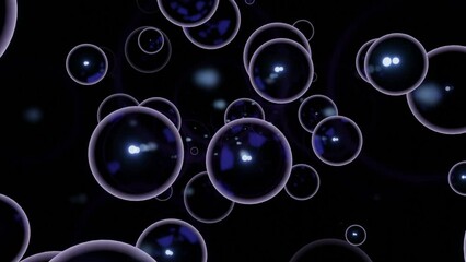 Poster - Black background. Design. Large white bubbles in animation on a dark background scatter in different directions.