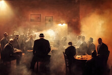 Illustration Of Criminals At Gathering With Cigar Smoke In The Room. Italian Mafia Of Organised Crime Sitting In A Group. Cinematic Concept Art Featuring Gangsters In A Meeting. Silhouettes And Smoke