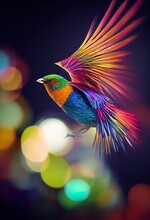 A Colorful Bird With Wings Spread Out On A Dark Background With Boke Of Lights In The Background And A Blurry Image Of A Bird.