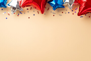 Wall Mural - Forth of July decoration concept. Top view photo of red white blue balloons and confetti on isolated beige background with copyspace