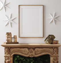 Mockup Frame In Farmhouse Living Room Interior Decorated For Chistmas, 3d Render