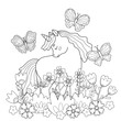 Kids coloring book with cute unicorn, flowers and butterflies. Simple shapes, outline for small children, template for greeting cards. Cartoon vector illustration.