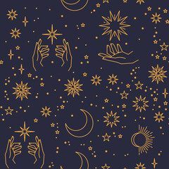 Wall Mural - Seamless pattern with constellations. Sun, moon, magic hands and stars. Mystical esoteric background for design. Astrology magical vector.