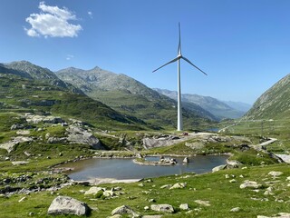 Gotthard wind farm or Windpark St. Gotthard in the alpine mountainous area of the Gotthard Pass (Gotthardpass), Airolo - Canton of Ticino (Tessin), Switzerland (Schweiz)