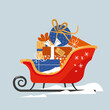 Santa sleigh with piles of presents. Happy new year. Winter holidays. Lovely Christmas background with flat style
