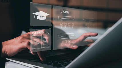 Poster - Students study and take exams online. online exam, choose correct answer in test. e-learning education concept, learning online with webinar, video tutorial, internet lessons.