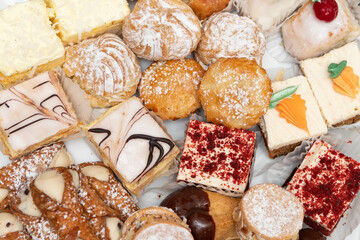 Delicious spread of baked pastry desserts