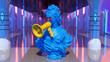 3d render bust of a woman in blue color speaks into a megaphone in yellow color, announcement, promotion, support, emphasis