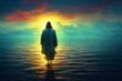 The figure of Jesus walks on water on a sunny background.