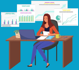 Poster - Manager analyzes data scene. Female character researching statistics from charts. Increase sales and skills. Monitoring investment. Finance report graph. Woman sitting with laptop looking at diagram