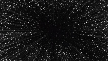 Poster - Black background. Motion. White stars in animation that scatter in different directions.