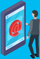 Poster - Email symbol on smartphone screen. App for chatting and mailing. Program for online communication via Internet. Virtual mailbox with digital email icon on display. Phone application with mail
